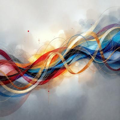 The primary subject of the image is a colorful, abstract painting featuring a variety of colors and patterns. The painting is displayed on a white background, which contrasts with the vibrant colors of the artwork. The visual style of the painting is a mix of digital art and illustration, creating a unique and eye-catching piece of art. The dominant colors in the painting are red, blue, and yellow, which contribute to the overall mood and atmosphere of the artwork.
